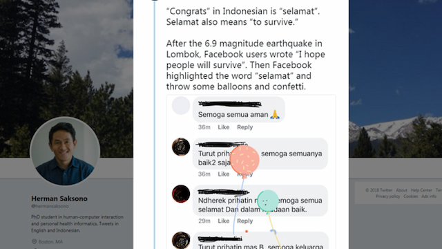 Hias Postingan Gempa Lombok dengan Balon, Facebook Minta Maaf
